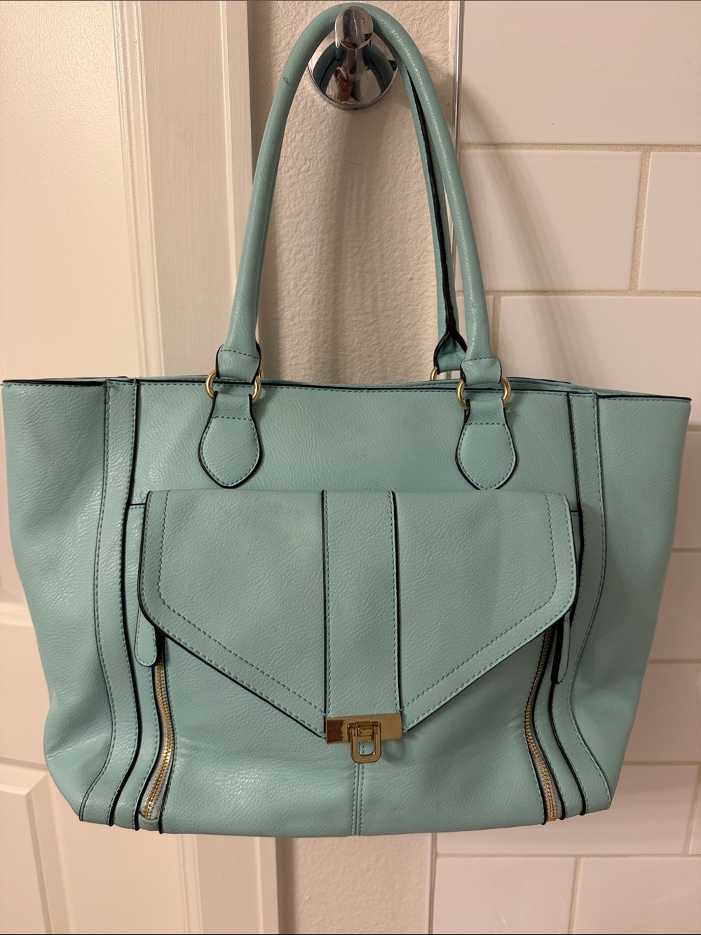Apt. 9 Light Blue Pebble Leather Tote with Front Flap Pocket